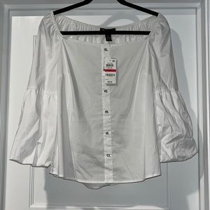 INC white blouse, NWT, boat neck, crystal buttons, puffy sleeves, size XS